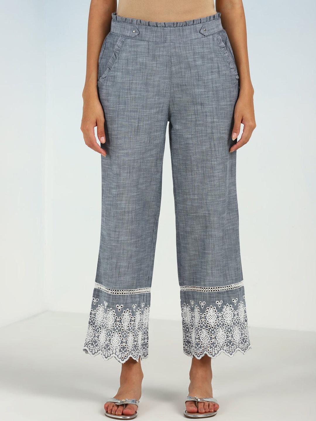 

Lakshita Women Mid-Rise Plain Pure Cotton Trousers, Grey