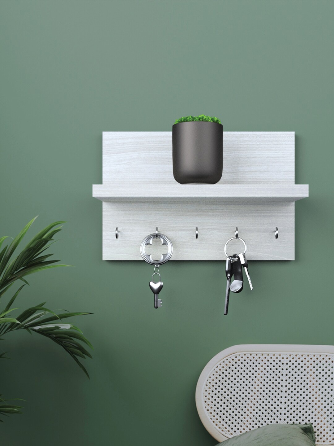 

RANDOM White Wood Wall Shelf with Keyholders