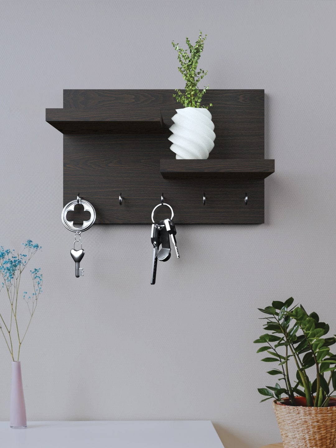 

RANDOM Grey Wooden Wall Shelf with Keyholders