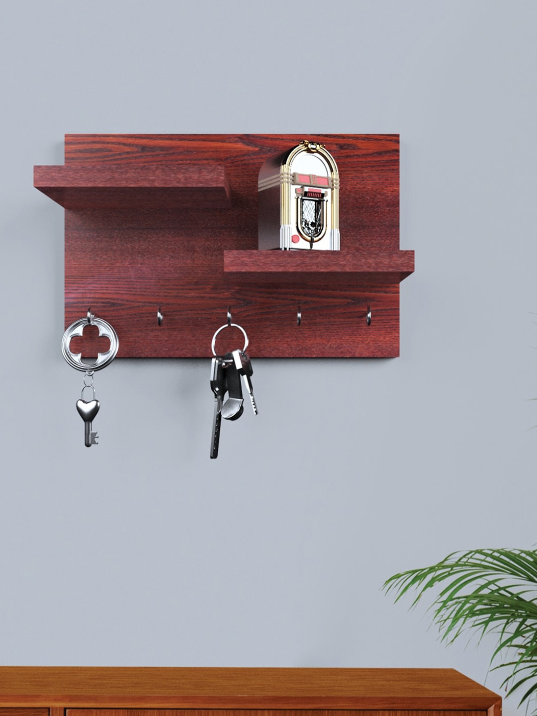 

RANDOM Brown Wooden Wall Shelf with Keyholders