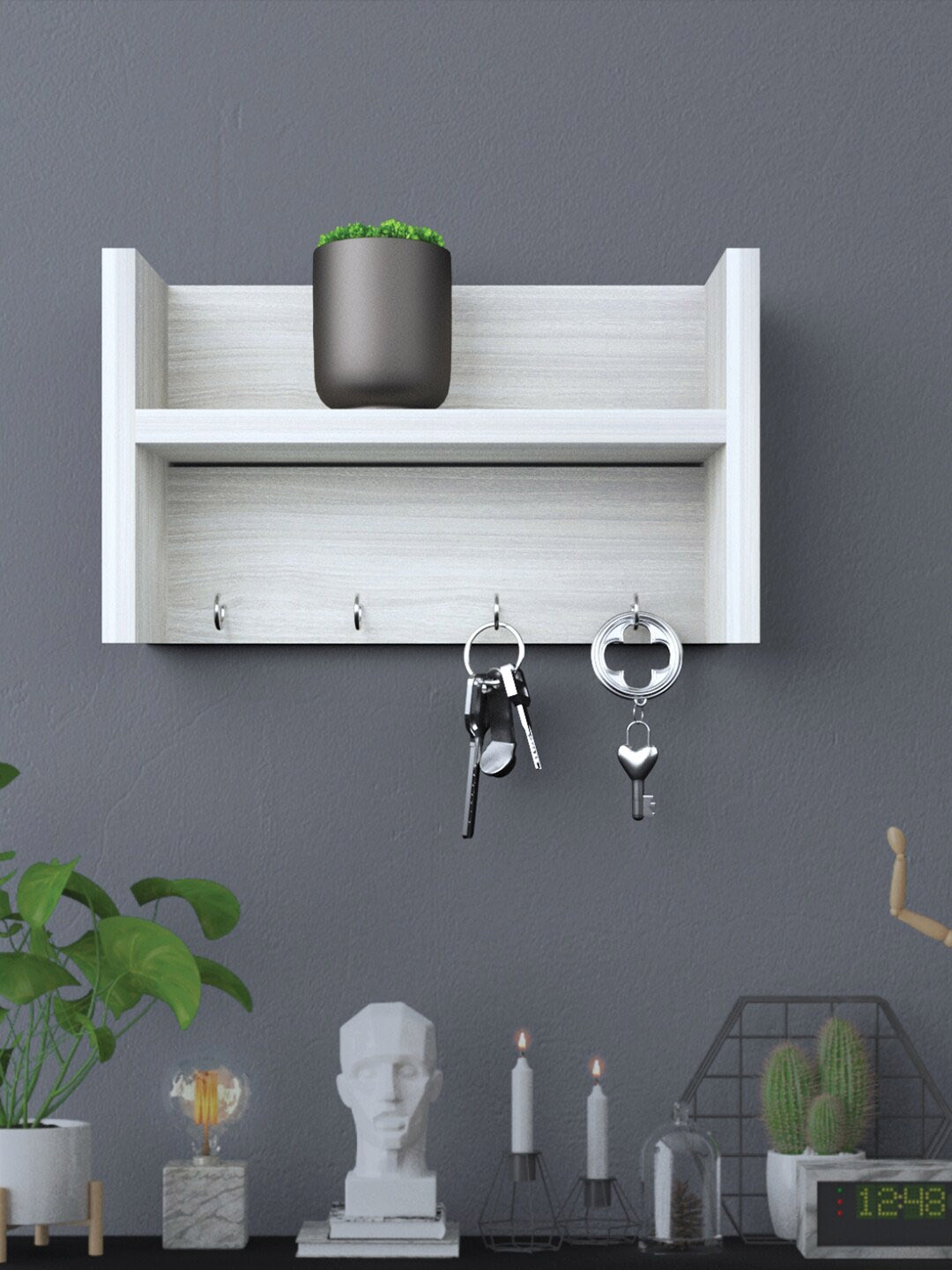 

RANDOM White Wooden Wall Shelf with Keyholders