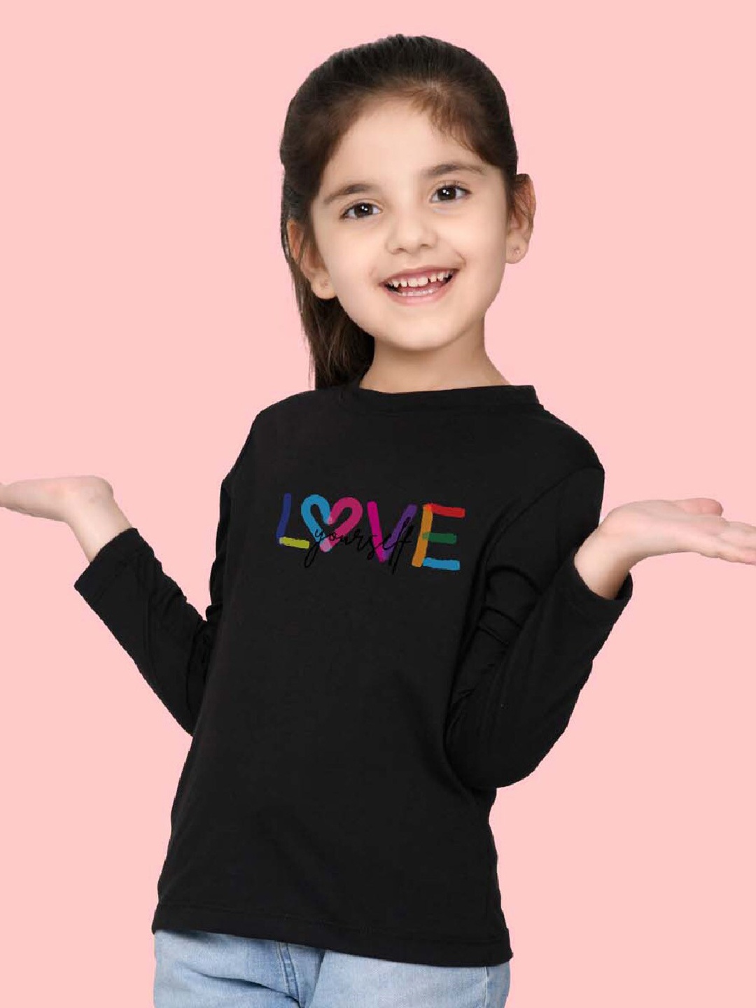 

NUSYL Girls Typography Printed Long Sleeves T-shirt, Black