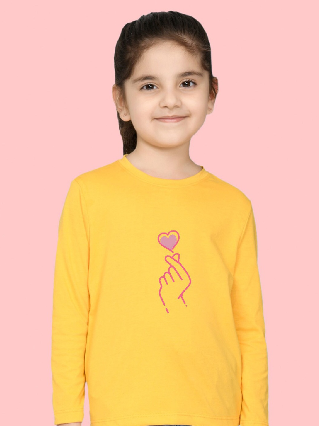 

NUSYL Girls Heart Printed Full Sleeves T-shirt, Yellow