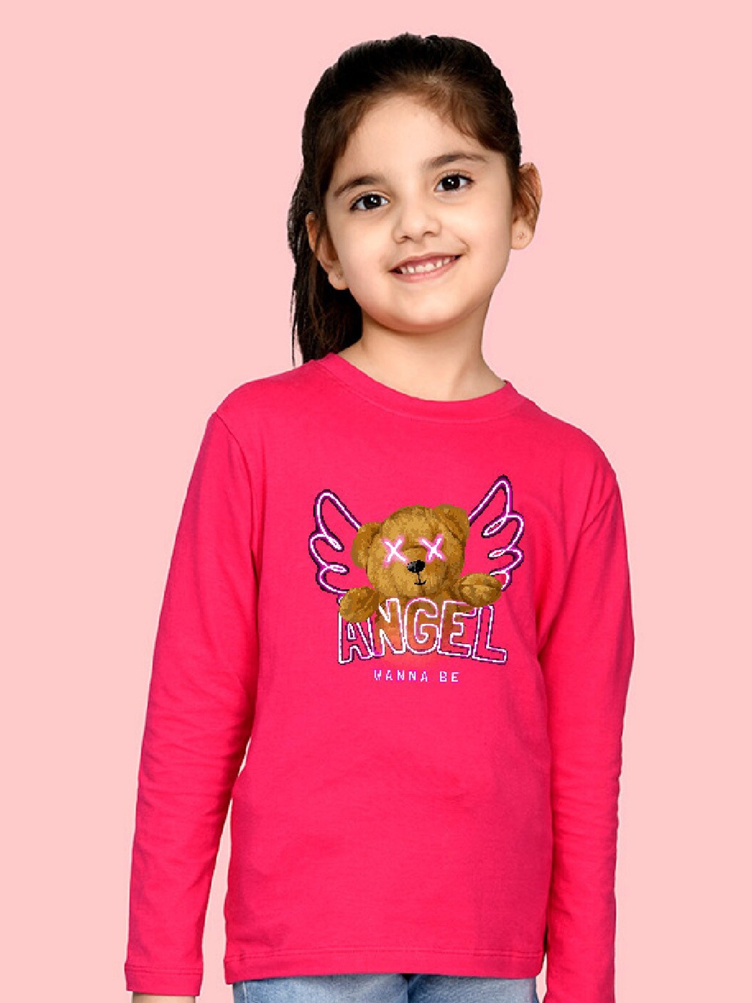 

NUSYL Girls Graphic Printed Round Neck T-shirt, Pink