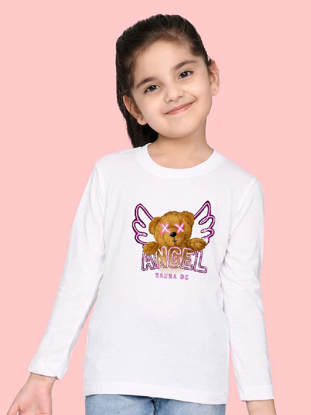 

NUSYL Girls Graphic Printed Round Neck T-shirt, White