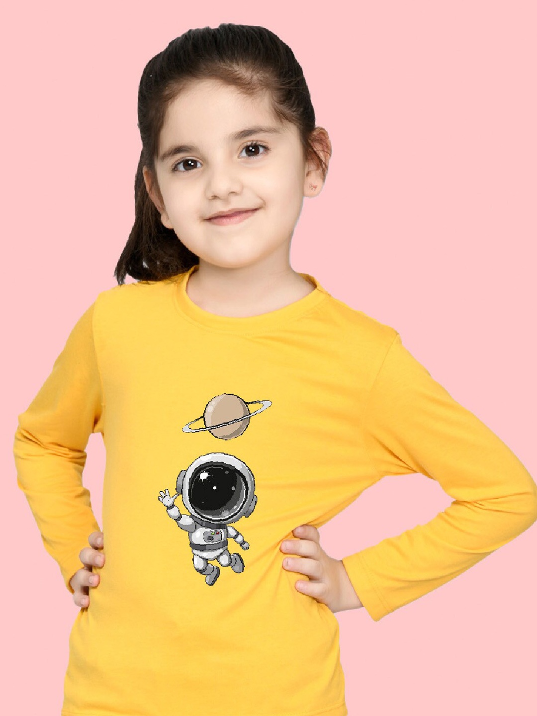 

NUSYL Girls Astronaut Printed Full Sleeves T-shirt, Yellow