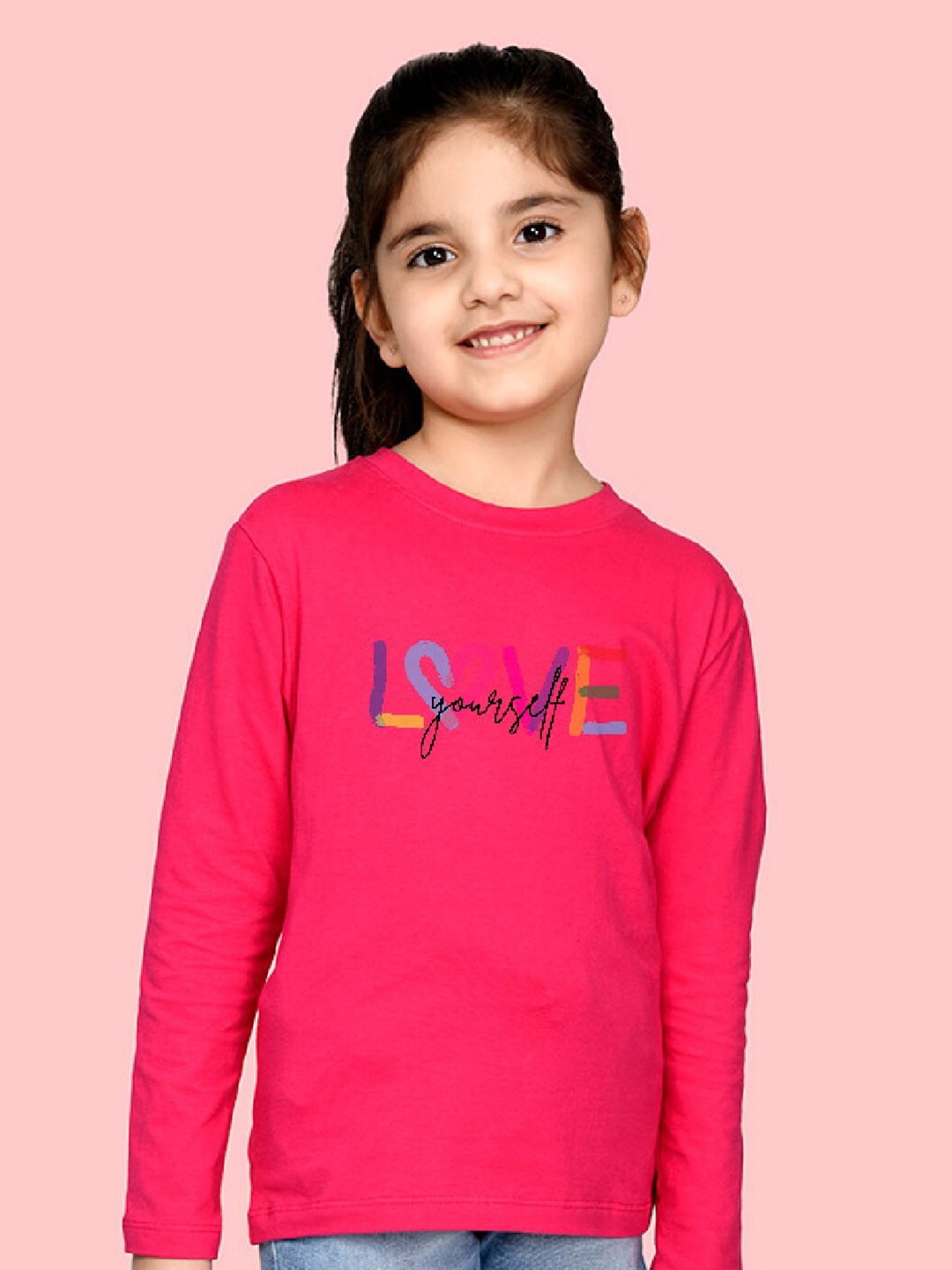 

NUSYL Girls Typography Printed Round Neck T-Shirt, Pink