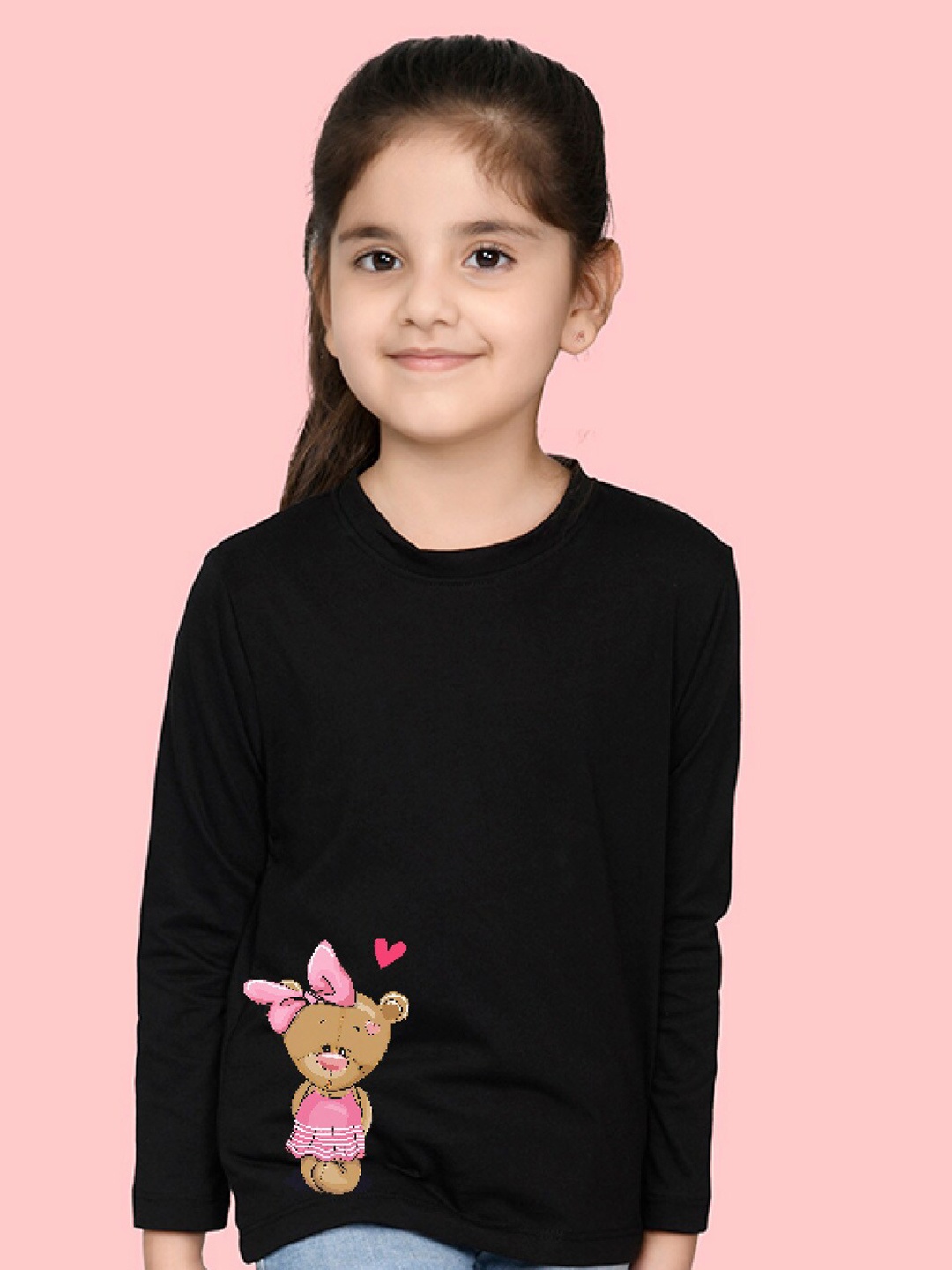

NUSYL Girls Teddy Bear Printed Long Sleeves T-shirt, Black