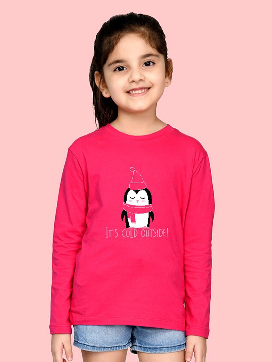 

NUSYL Girls Penguin Printed Full Sleeves T-shirt, Pink