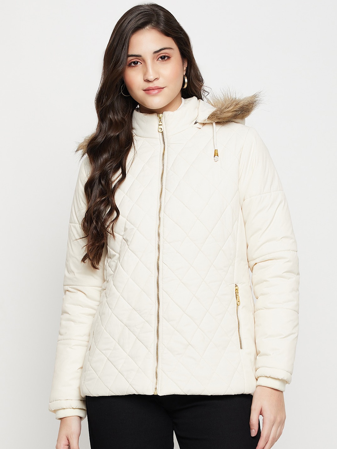 

Cantabil Hooded Lightweight Quilted Jacket With Faux Fur Trim, Off white