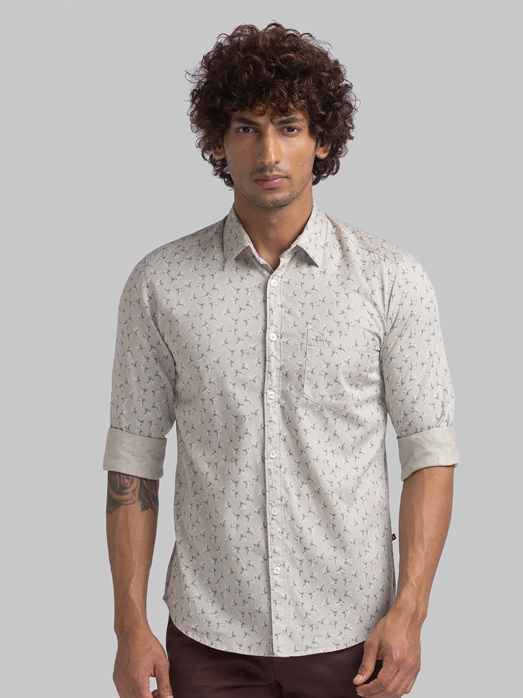 

Parx Slim Fit Floral Printed Cotton Casual Shirt, Grey