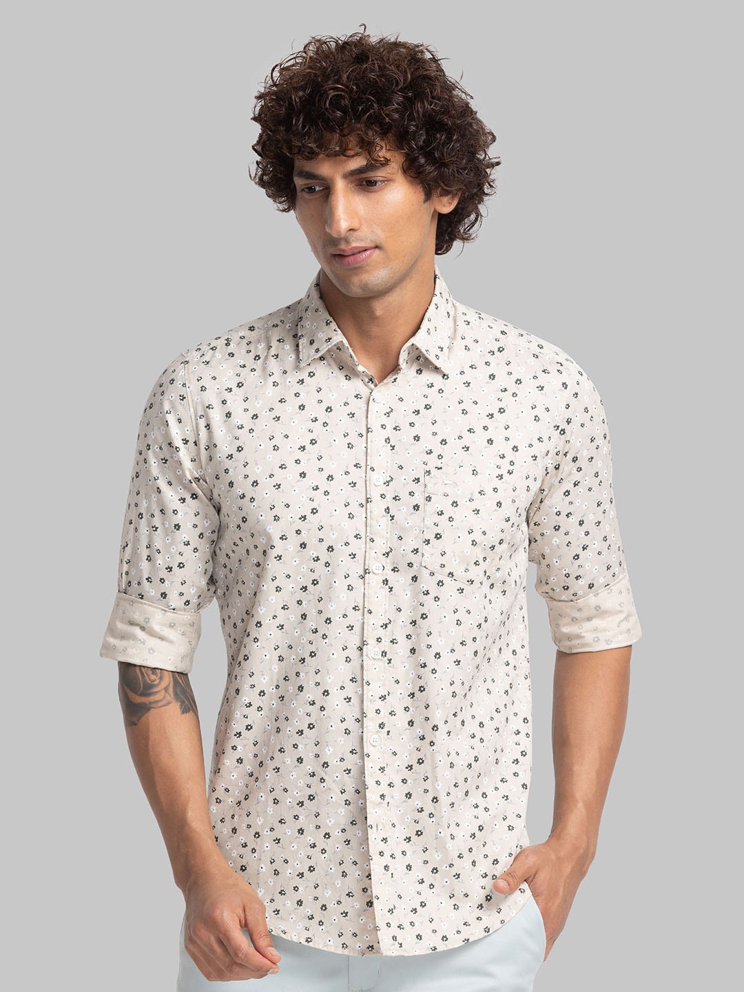 

Parx Floral Printed Slim Fit Cotton Casual Shirt, Beige