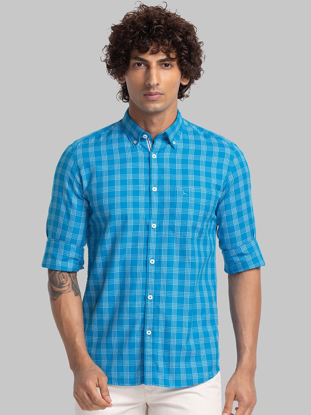 

Parx Slim Fit Opaque Checked Cotton Casual Shirt, Blue