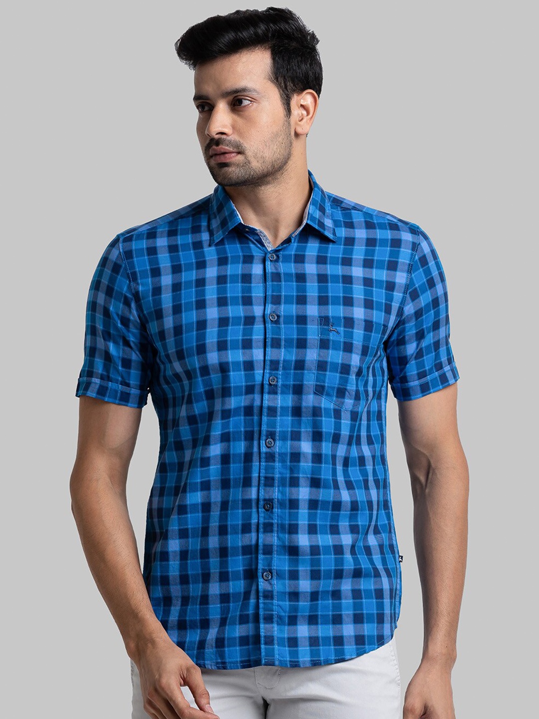 

Parx Spread Collar Slim Fit Buffalo Checked Casual Cotton Shirt, Blue