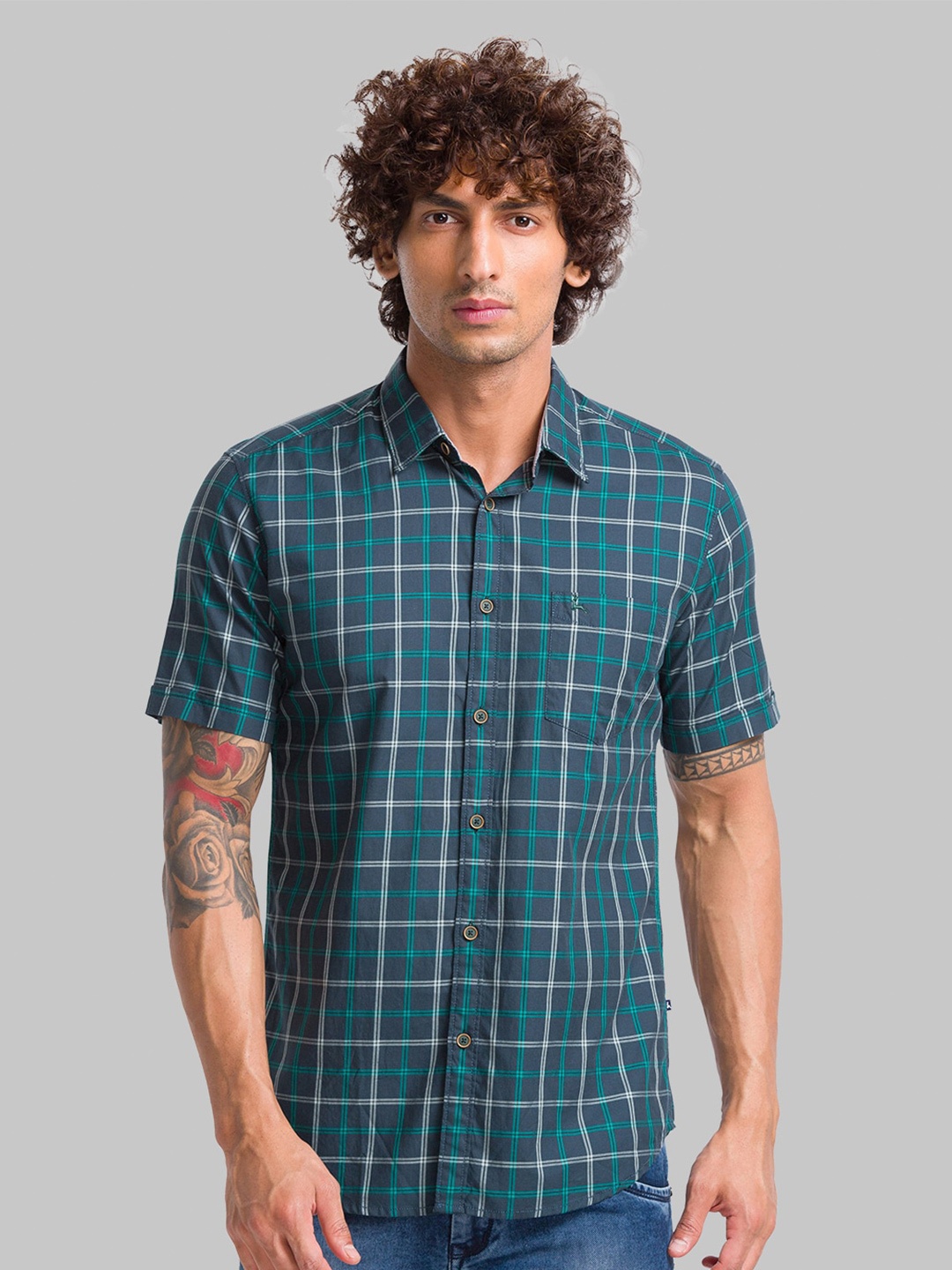 

Parx Slim Fit Checked Casual Cotton Shirt, Teal