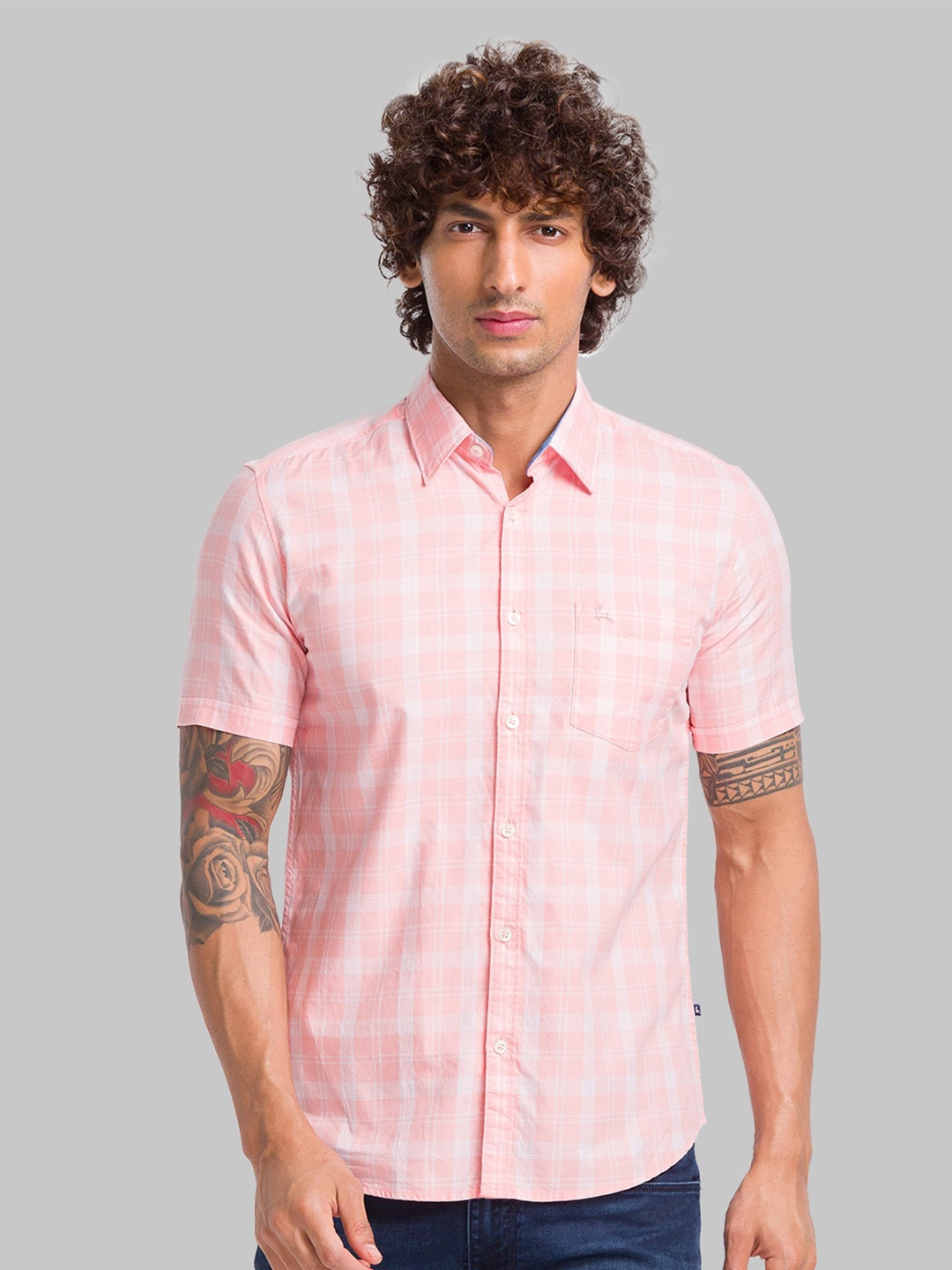 

Parx Spread Collar Slim Fit Checked Casual Cotton Shirt, Pink