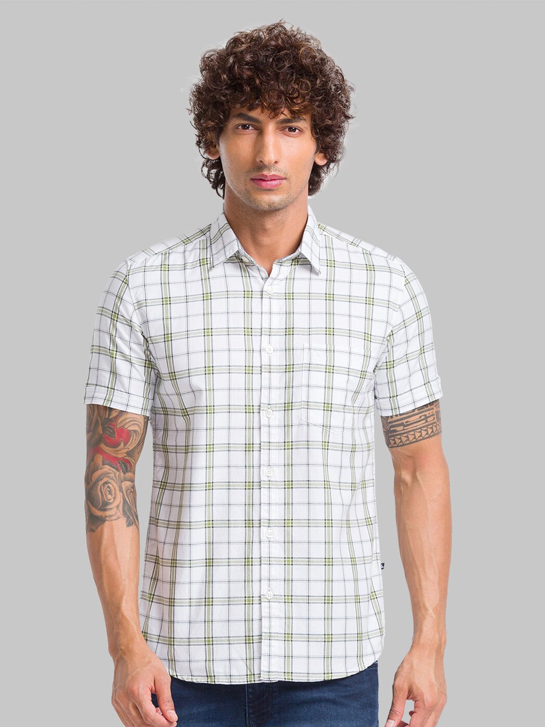 

Parx Spread Collar Slim Fit Tartan Checked Casual Cotton Shirt, White