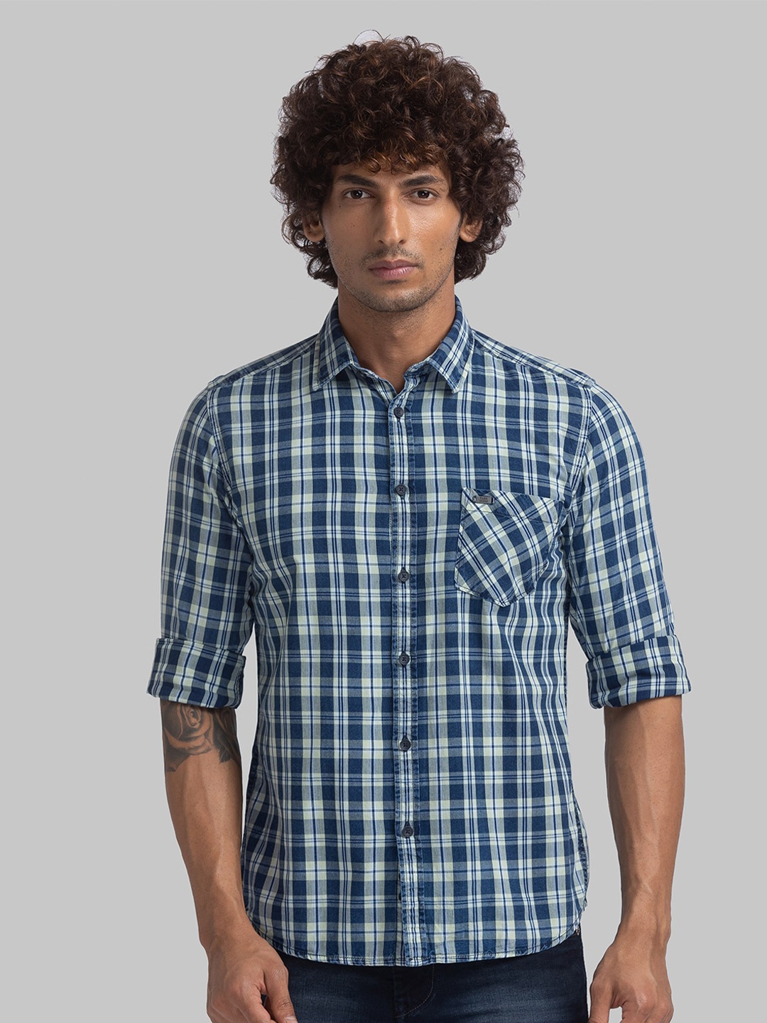 

Parx Slim Fit Tartan Checked Cotton Casual Shirt, Blue