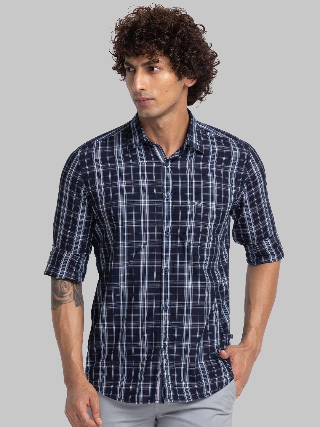 

Parx Slim Fit Tartan Checked Opaque Cotton Casual Shirt, Blue