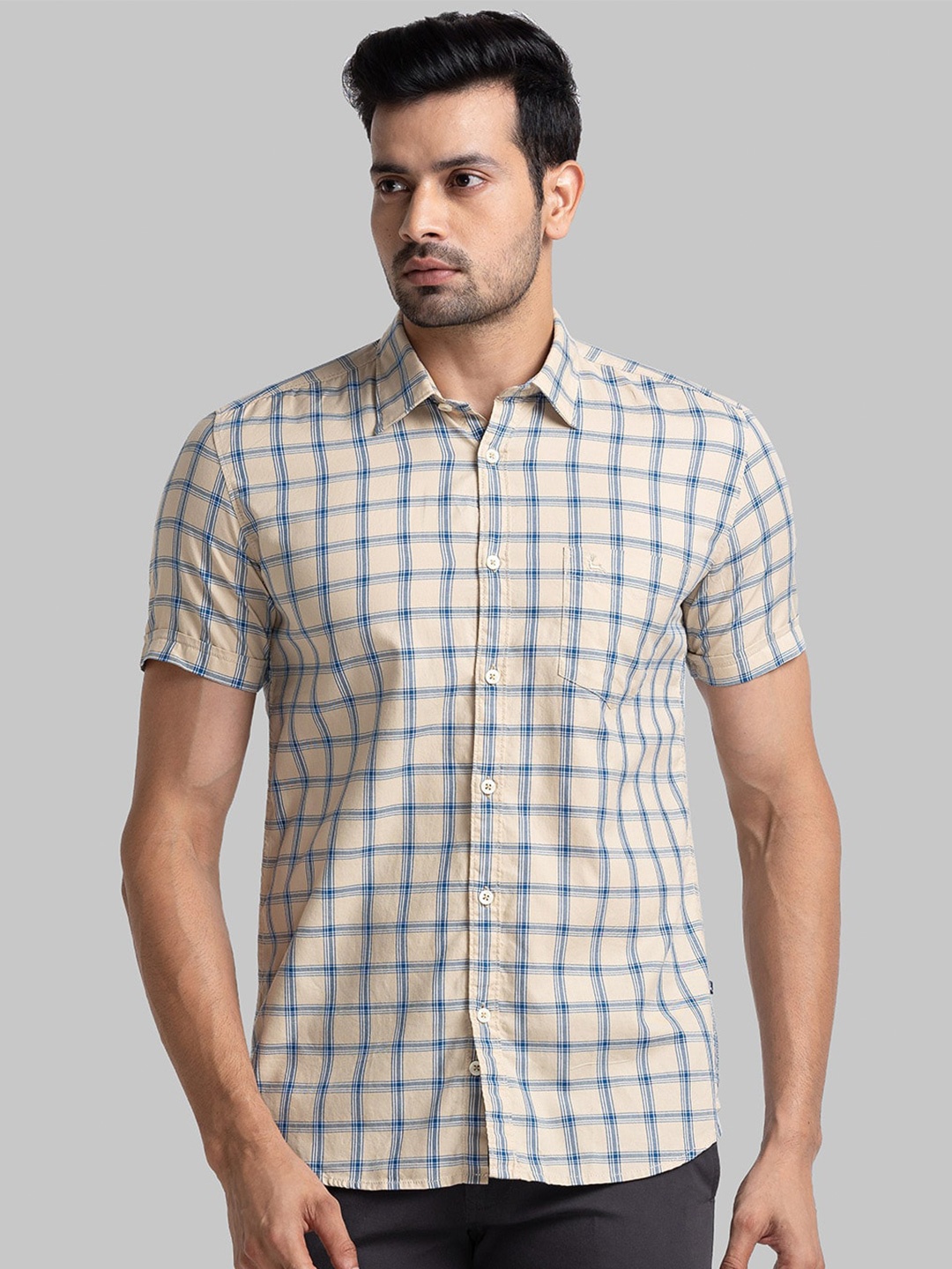 

Parx Slim Fit Tartan Checked Cotton Casual Shirt, Beige