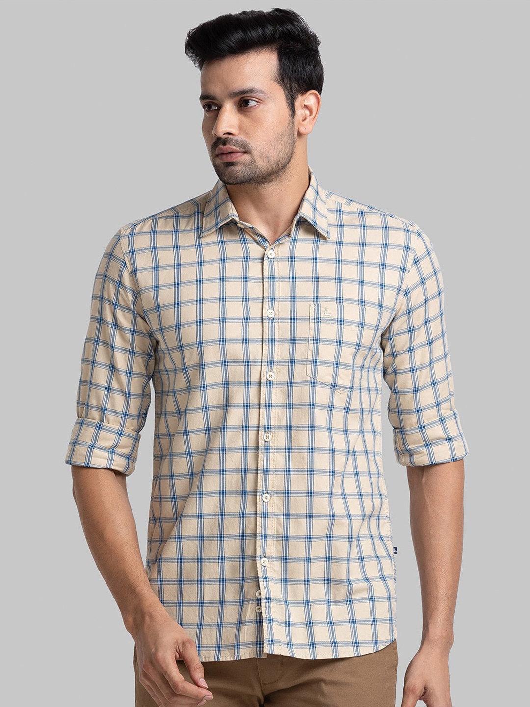 

Parx Slim Fit Checked Cotton Casual Shirt, Beige