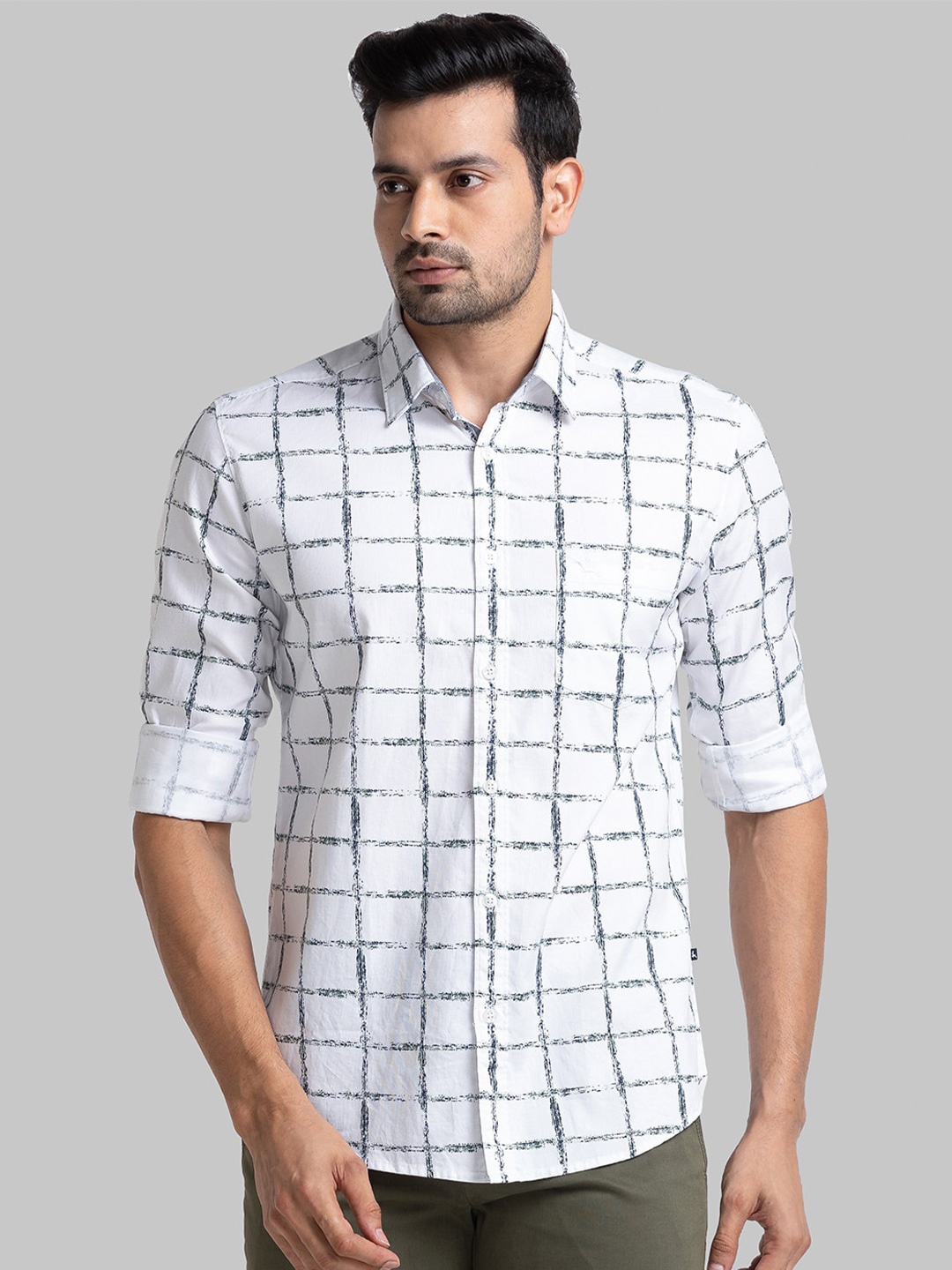 

Parx Slim Fit Windowpane Checked Cotton Casual Shirt, White