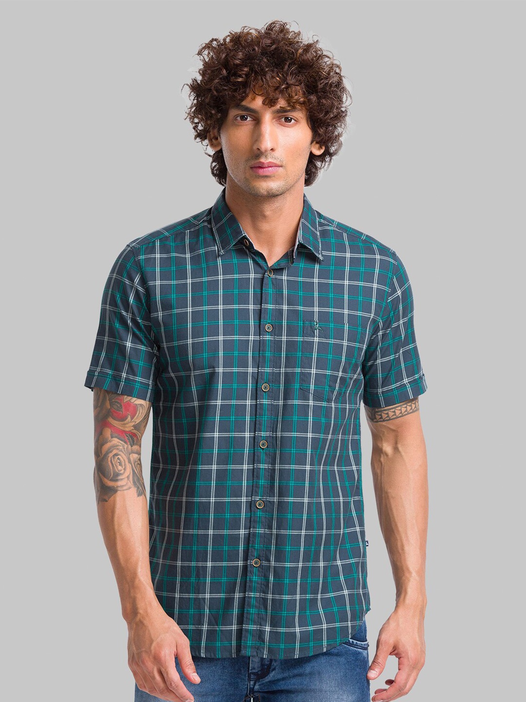 

Parx Slim Fit Checked Casual Cotton Shirt, Teal
