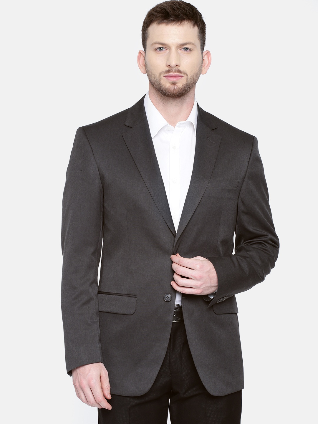 

Peter England Men Charcoal Grey Single-Breasted Solid Formal Blazer