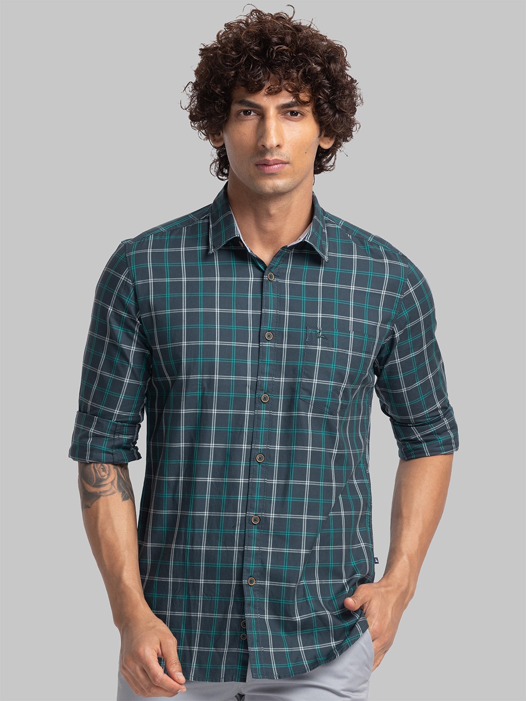 

Parx Slim Fit Tartan Checks Opaque Checked Cotton Casual Shirt, Green