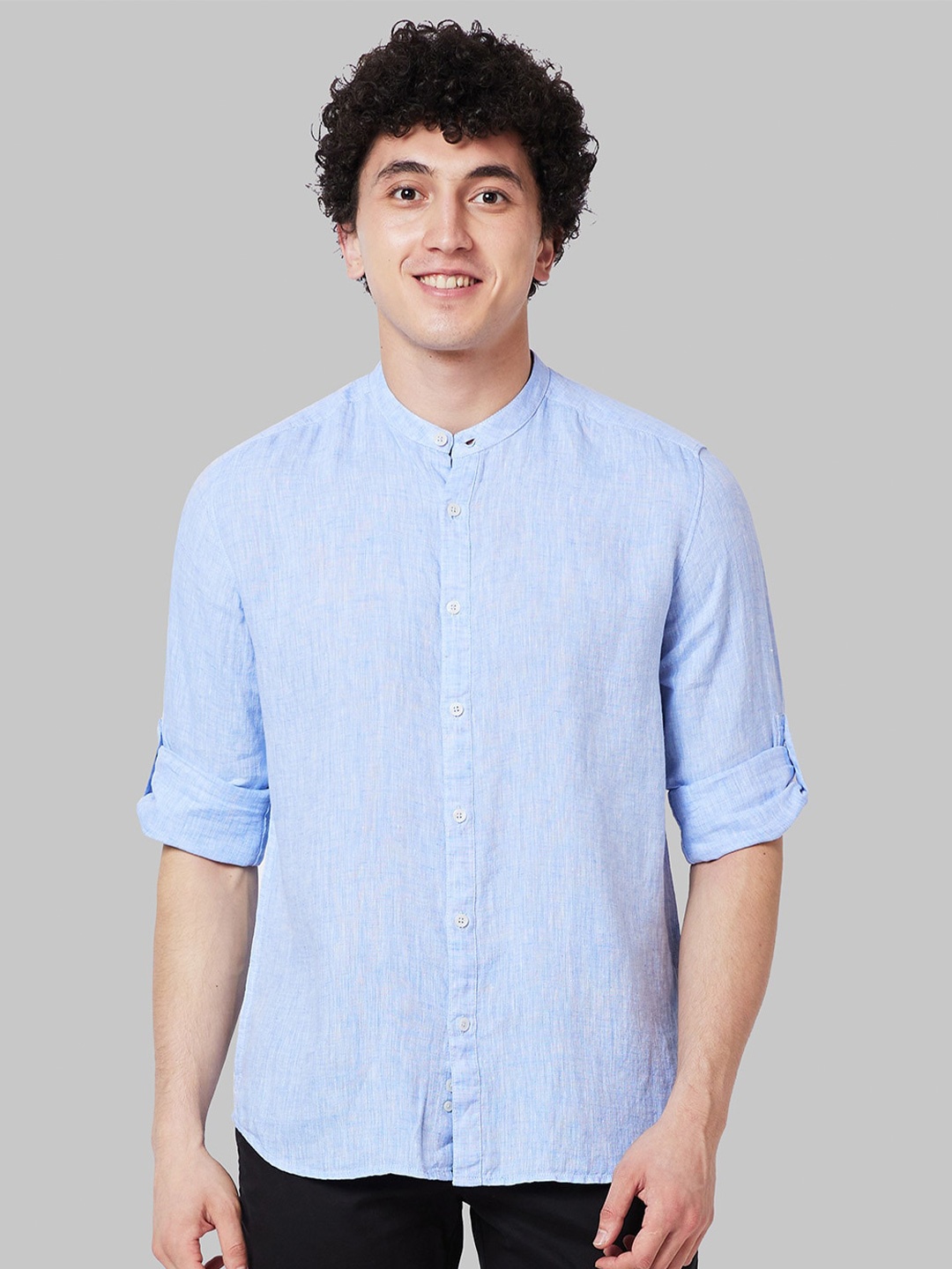 

Parx Men Mandarin Collar Opaque Linen Casual Shirt, Blue