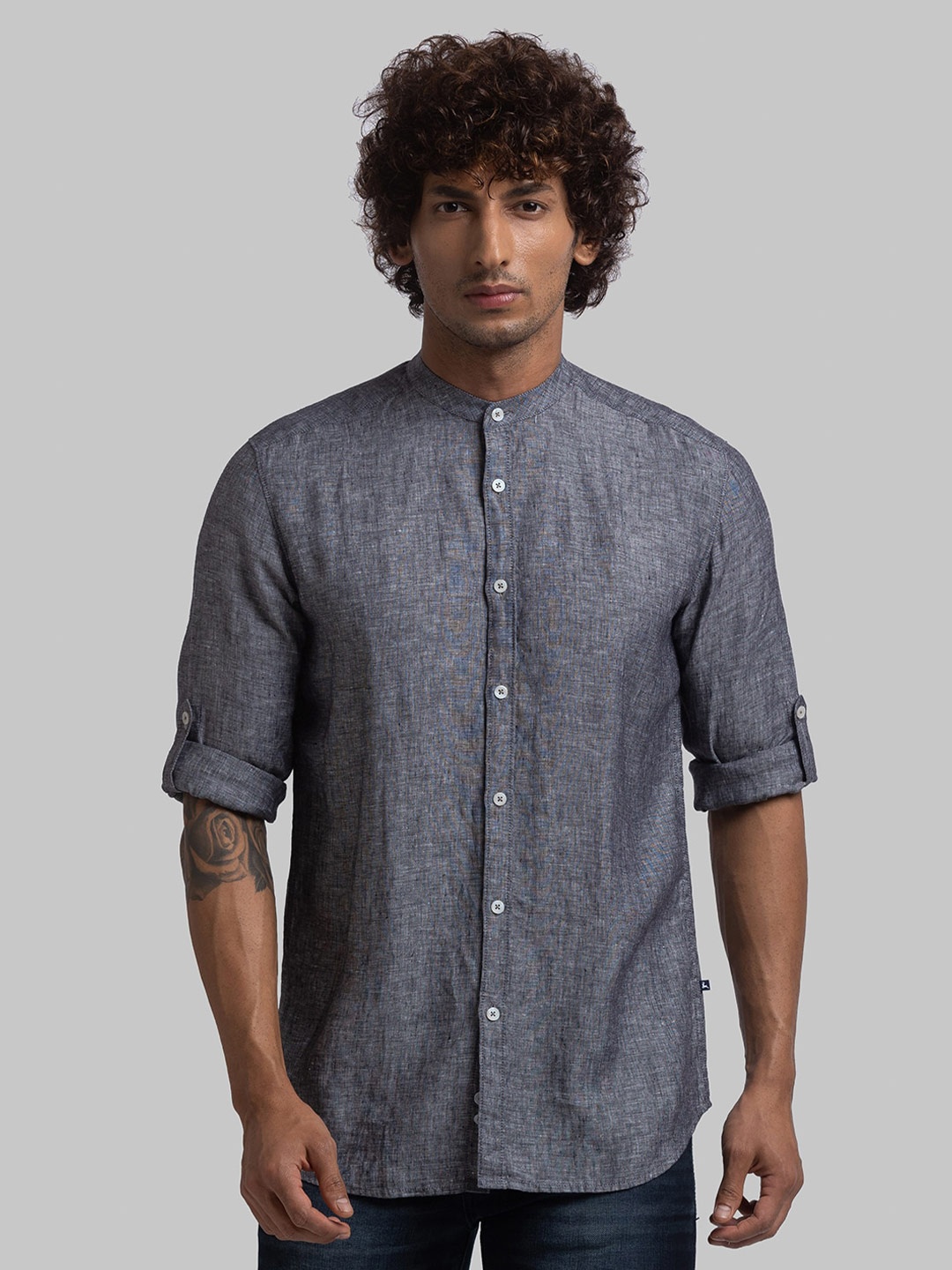 

Parx Slim Fit Band Collar Opaque Linen Casual Shirt, Black