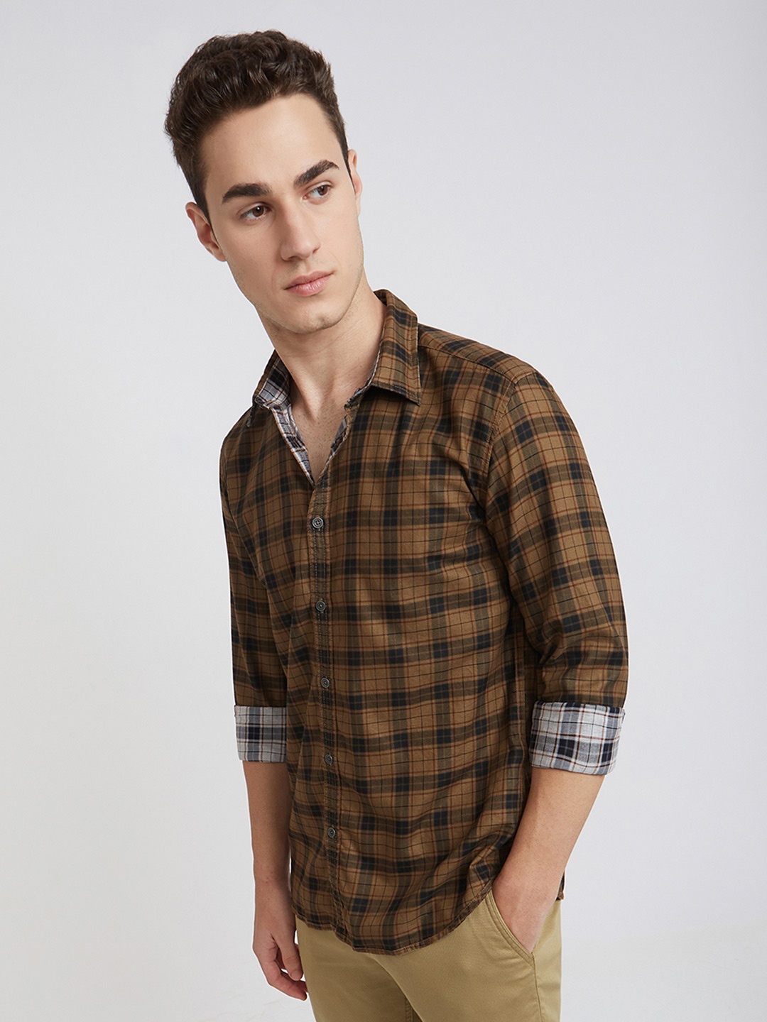 

Parx Spread Collar Slim Fit Checked Casual Cotton Shirt, Brown
