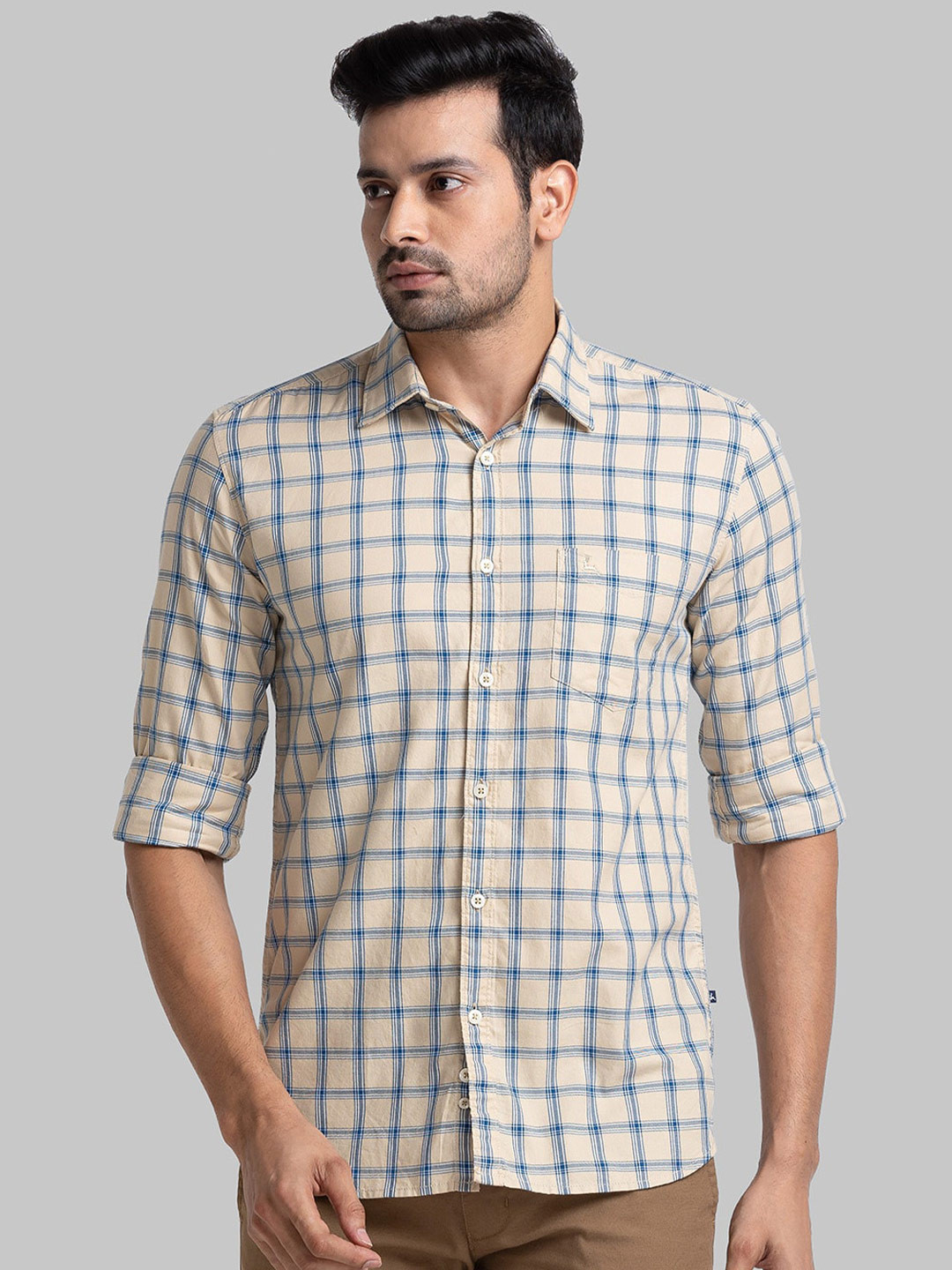 

Parx Slim Fit Checked Cotton Casual Shirt, Beige