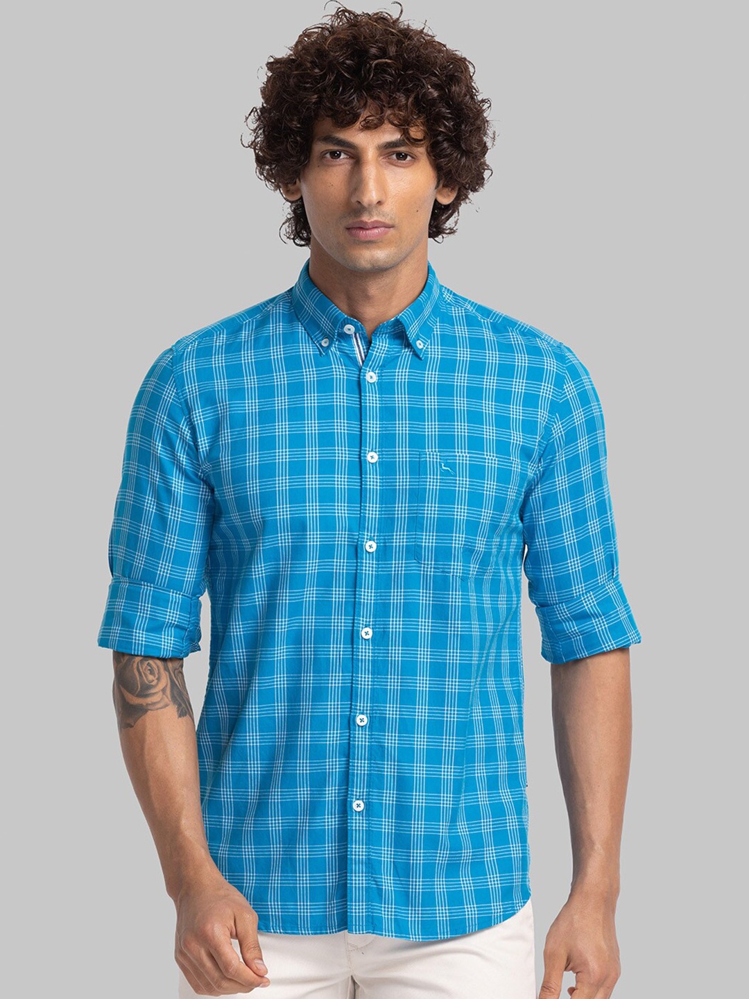 

Parx Men Slim Fit Checked Cotton Casual Shirt, Blue