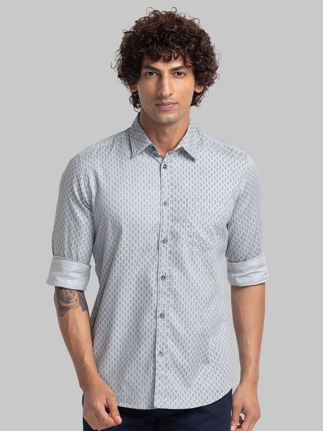 

Parx Spread Collar Slim Fit Micro Ditsy Printed Casual Cotton Shirt, Grey