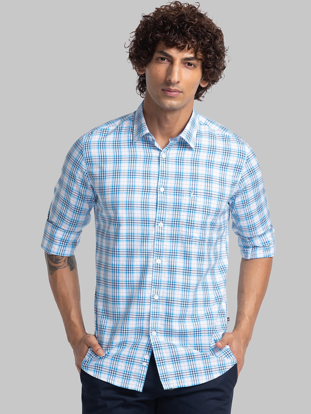 

Parx Spread Collar Slim Fit Checked Casual Cotton Shirt, Blue