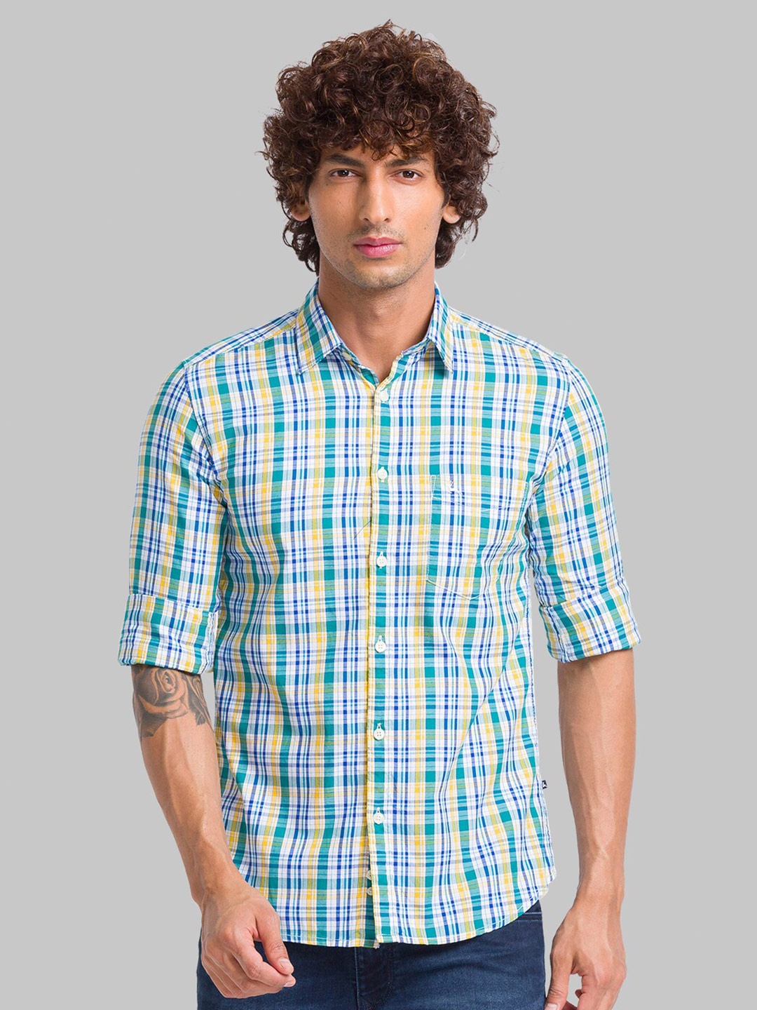 

Parx Slim Fit Tartan Checked Opaque Cotton Casual Shirt, Green