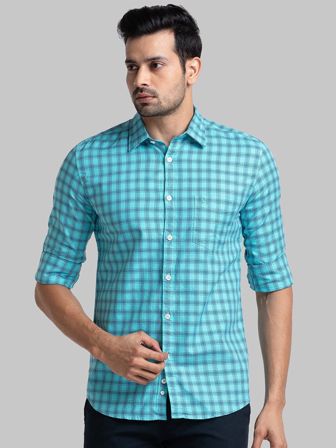 

Parx Slim Fit Checked Casual Cotton Shirt, Turquoise blue