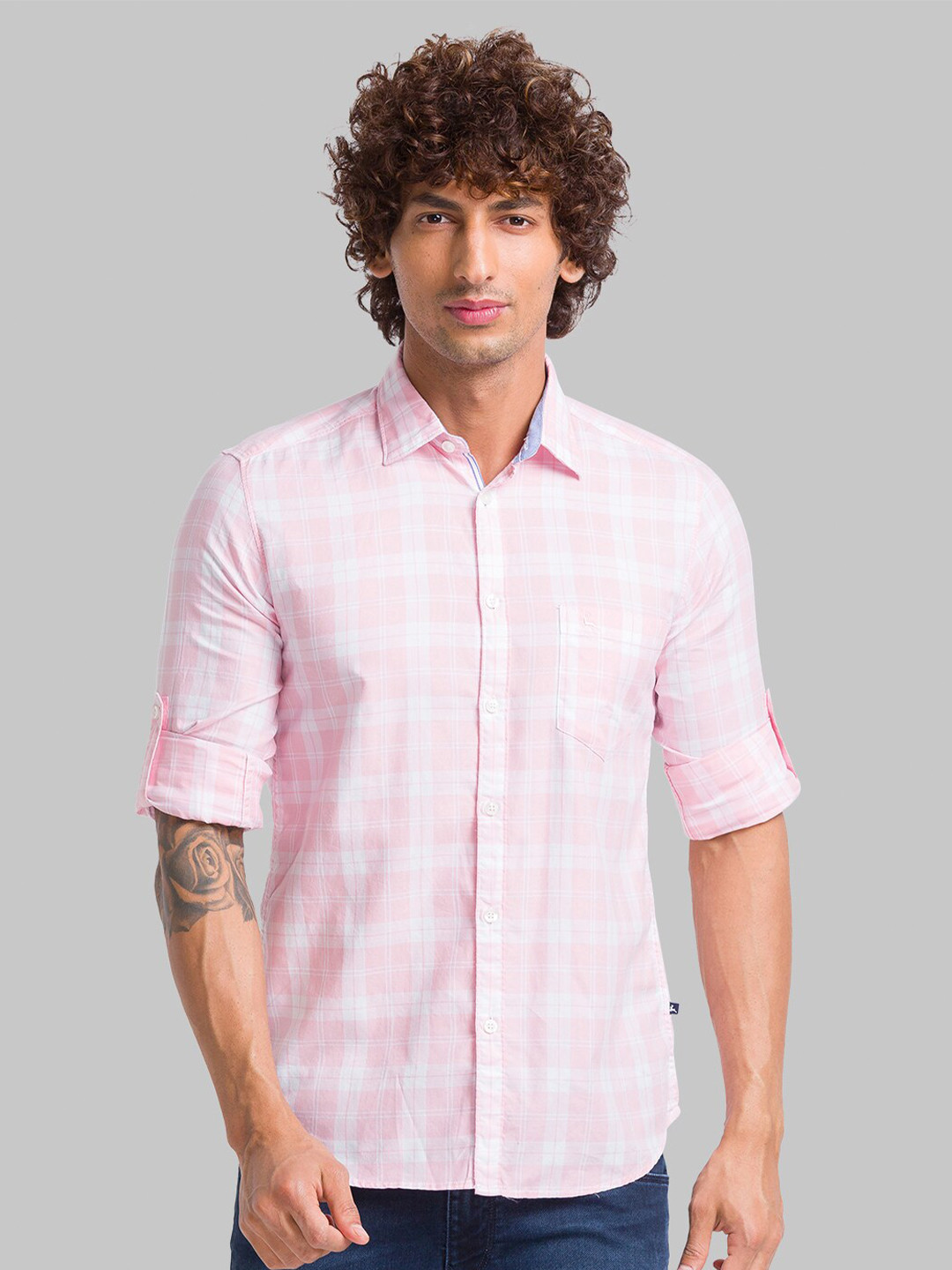 

Parx Men Slim Fit Checked Cotton Casual Shirt, Pink