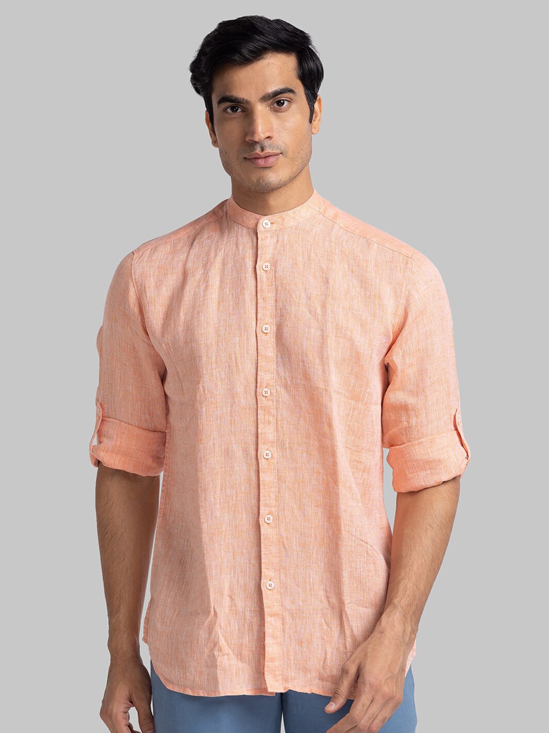 

Parx Slim Fit Mandarin Collar Linen Casual Shirt, Orange
