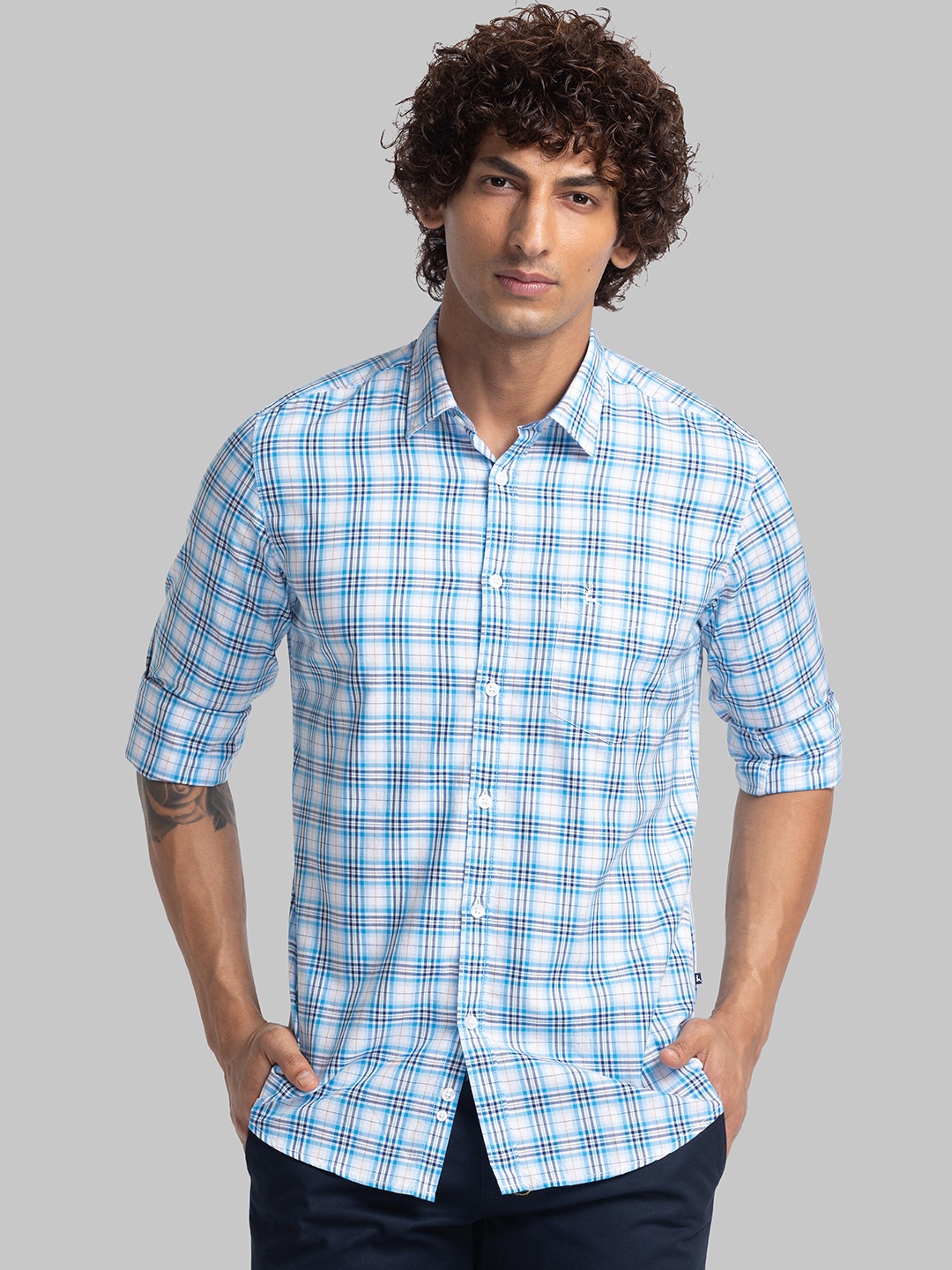 

Parx Slim Fit Checked Cotton Casual Shirt, Blue