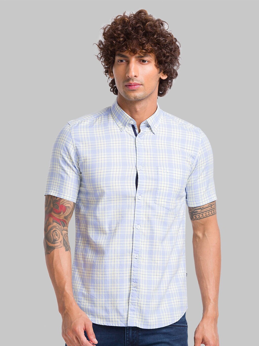 

Parx Spread Collar Slim Fit Checked Casual Cotton Shirt, White