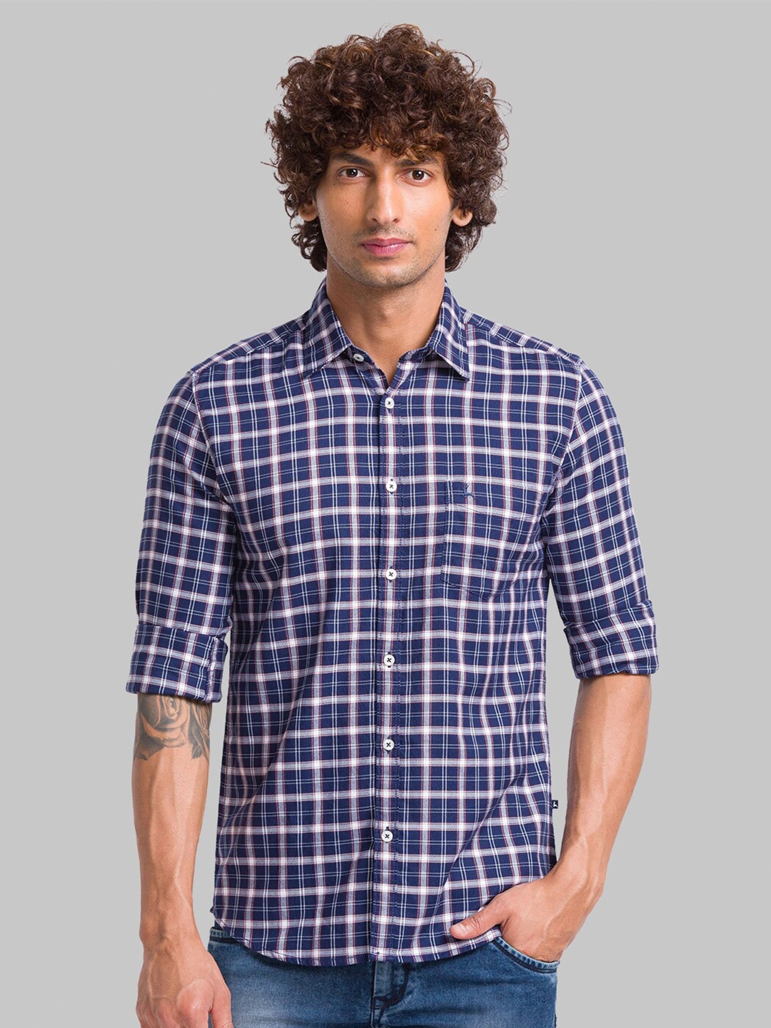 

Parx Slim Fit Checked Cotton Casual Shirt, Blue