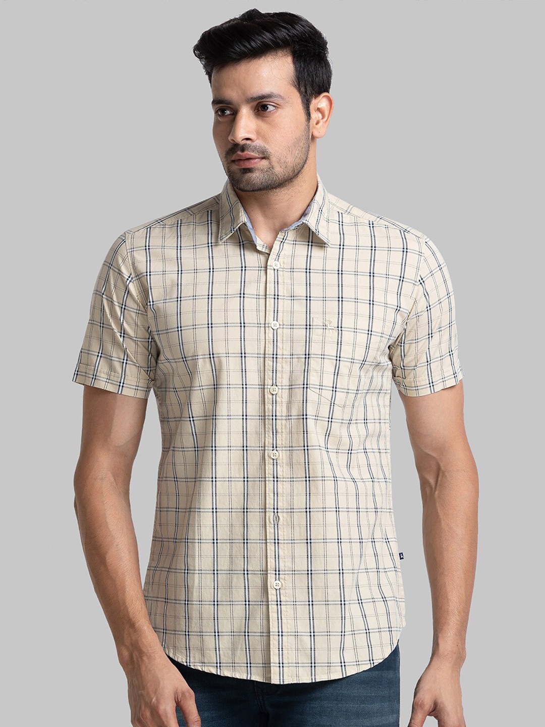 

Parx Slim Fit Checked Cotton Casual Shirt, Beige