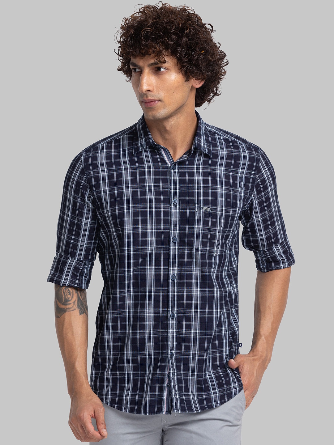 

Parx Tartan Checked Slim Fit Cotton Casual Shirt, Navy blue