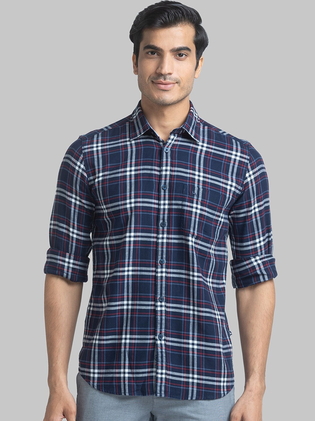 

Parx Slim Fit Checked Casual Cotton Shirt, Navy blue