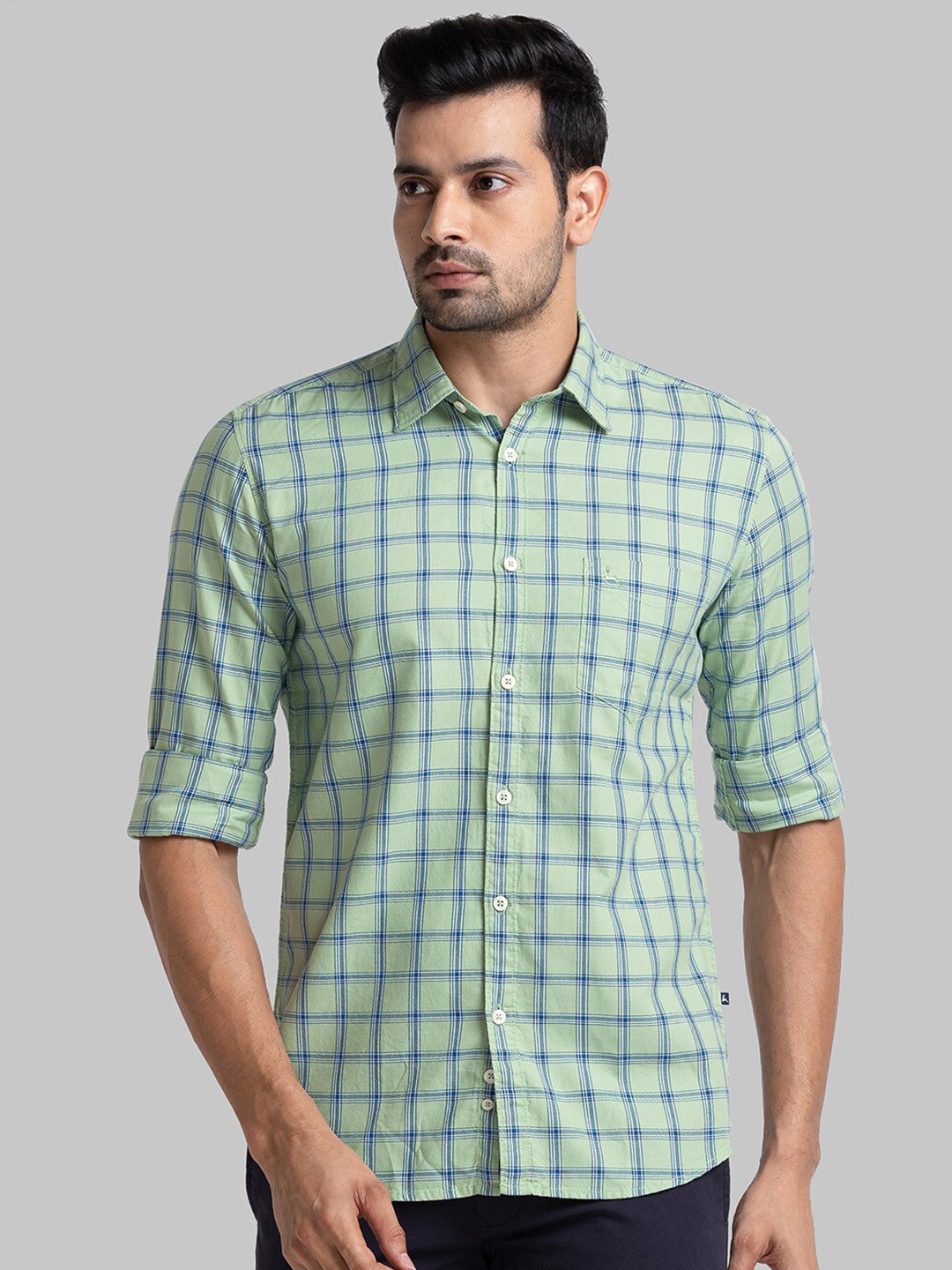 

Parx Slim Fit Tartan Checked Cotton Casual Shirt, Green