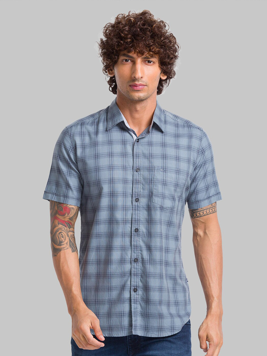 

Parx Spread Collar Slim Fit Checked Casual Cotton Shirt, Grey