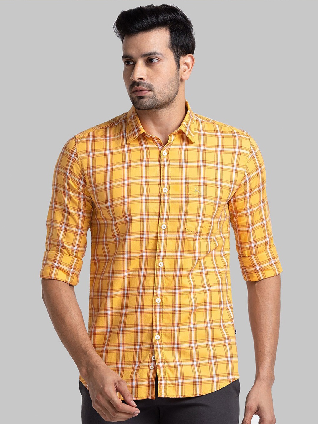 

Parx Slim Fit Tartan Checked Cotton Casual Shirt, Yellow