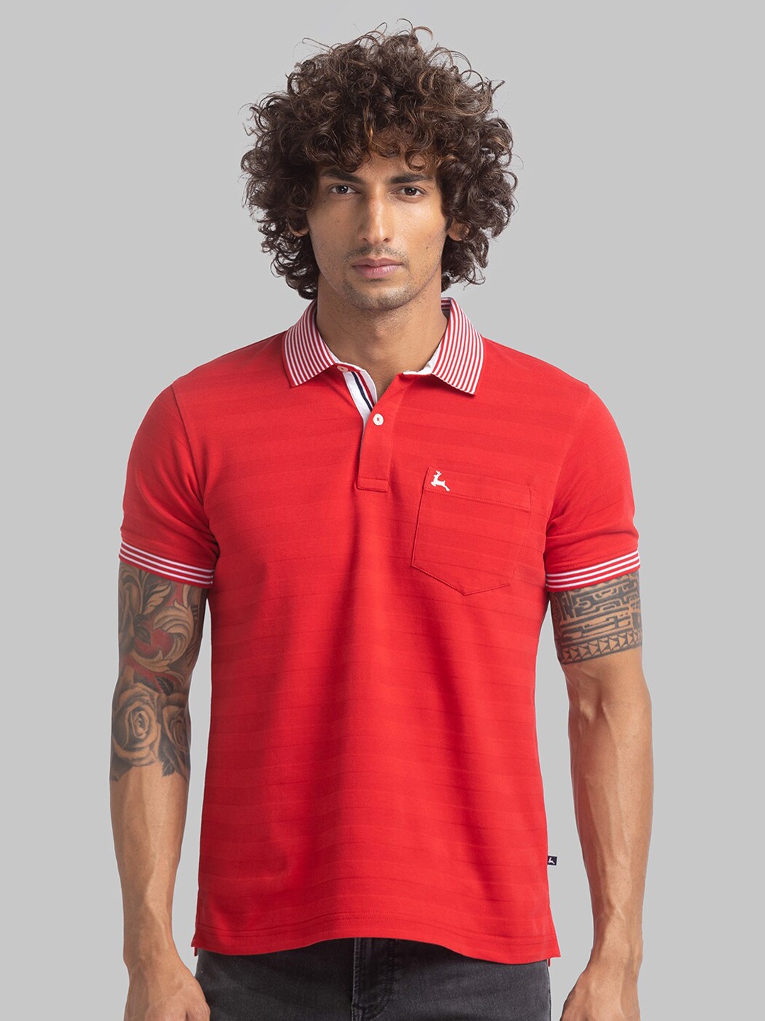 

Parx Self Design Polo Collar Pockets Cotton T-shirt, Red